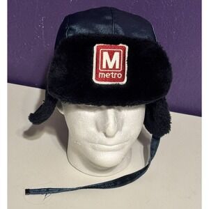 Vintage WMATA Metro "M" Ear Flap Trapper Winter Hat Made USA Navy Faux Fur